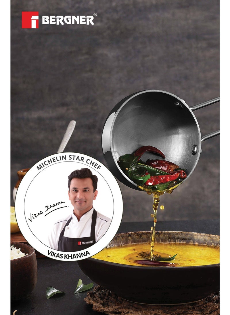 Bergner TriPro 12cm (500ml) Tri-Ply Stainless Steel  Tadka Pan, Spice Tempering & Seasoning Mini Frying Pan with Scale, Long Wire Handle, Smooth Surface Cookware, Induction & Gas Stove Compatible - Image 5